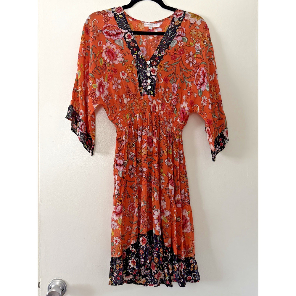 Anthropologie Love Kyla Size M Orange Clack Bohemian Floral Mini V-Neck Dress